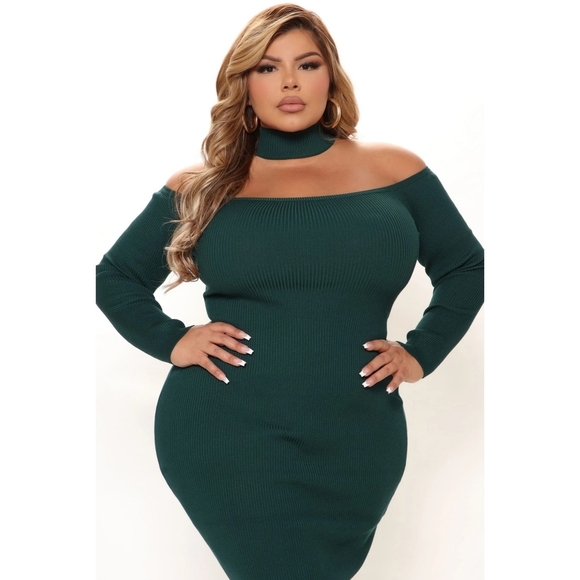 Fashion Nova ✦ Off Shoulder Ribbed Sweater Dress ✦ Hunter Green 3X NWT Cozy Chic - Picture 1 of 14